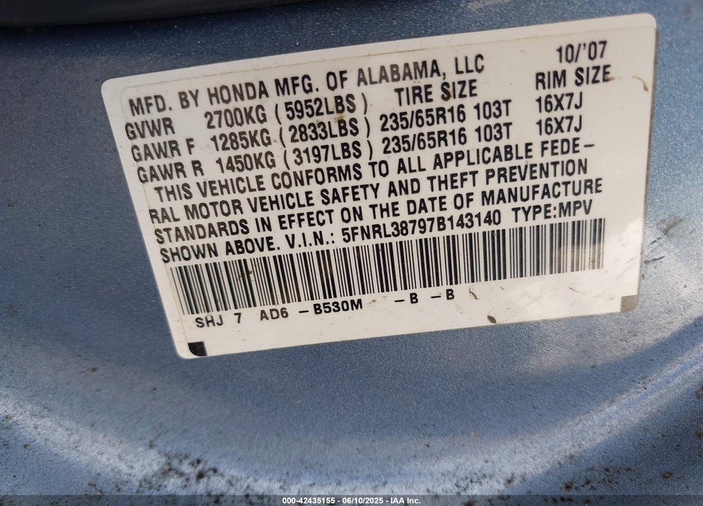 2007 HONDA ODYSSEY EX-L VIN: 5FNRL38797B143140