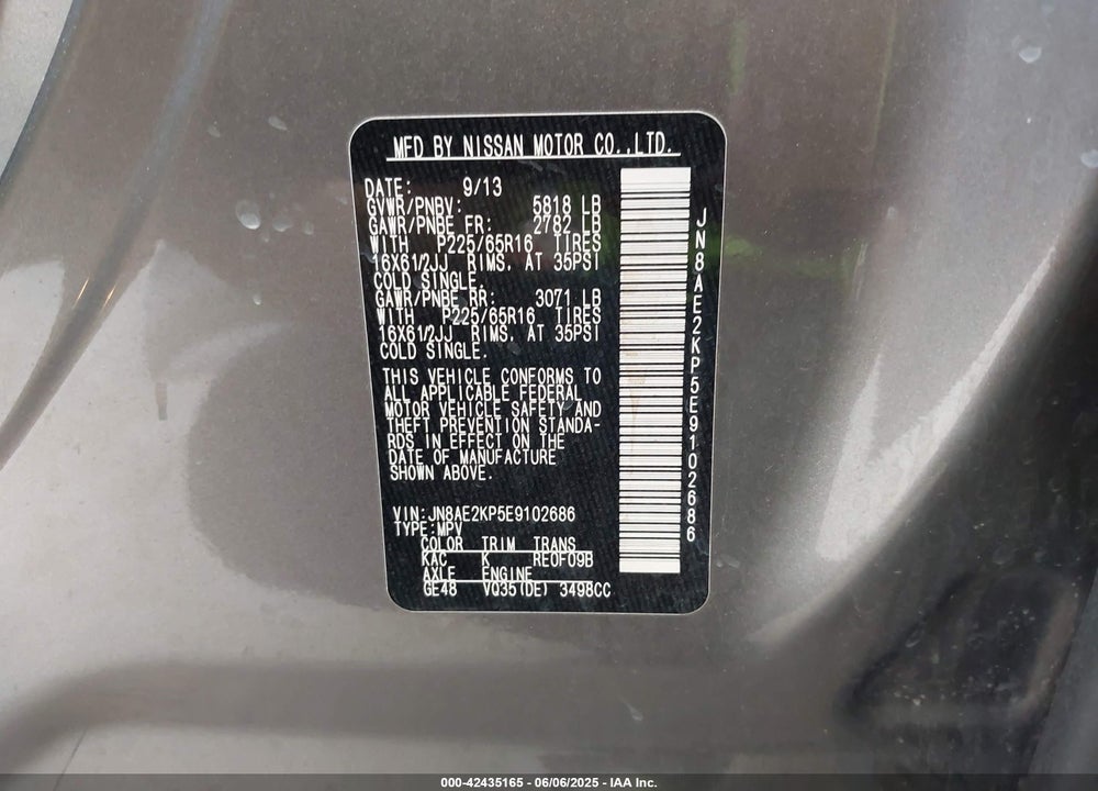 2014 NISSAN QUEST S VIN: JN8AE2KP5E9102686