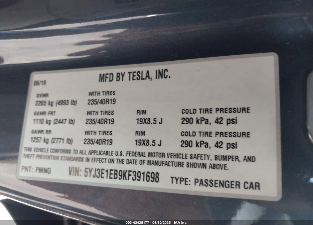 2019 TESLA MODEL 3 VIN: 5YJ3E1EB9KF391698