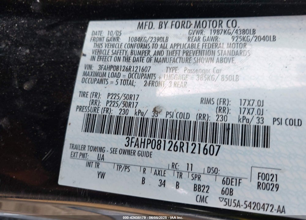 2006 FORD FUSION VIN: 3FAHP08126R121607