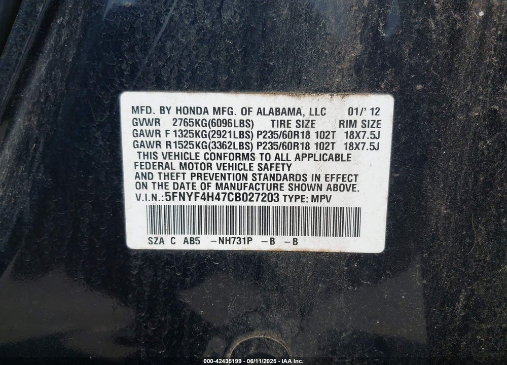 2012 HONDA PILOT EX VIN: 5FNYF4H47CB027203