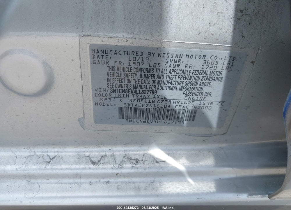 2020 NISSAN VERSA VIN: 3N1CN8EV4LL827799