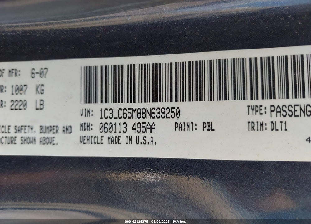 2008 CHRYSLER SEBRING VIN: 1C3LC65M88N639250