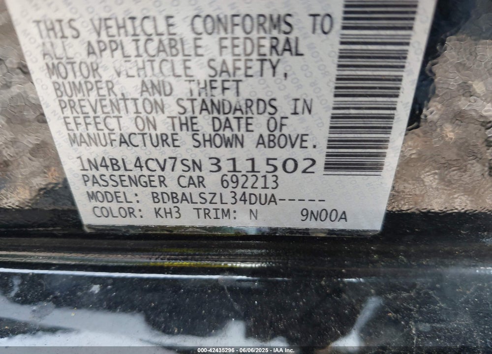 2025 NISSAN ALTIMA VIN: 1N4BL4CV7SN311502