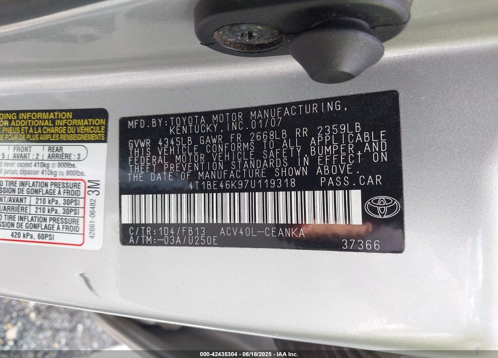 2007 TOYOTA CAMRY VIN: 4T1BE46K97U119318