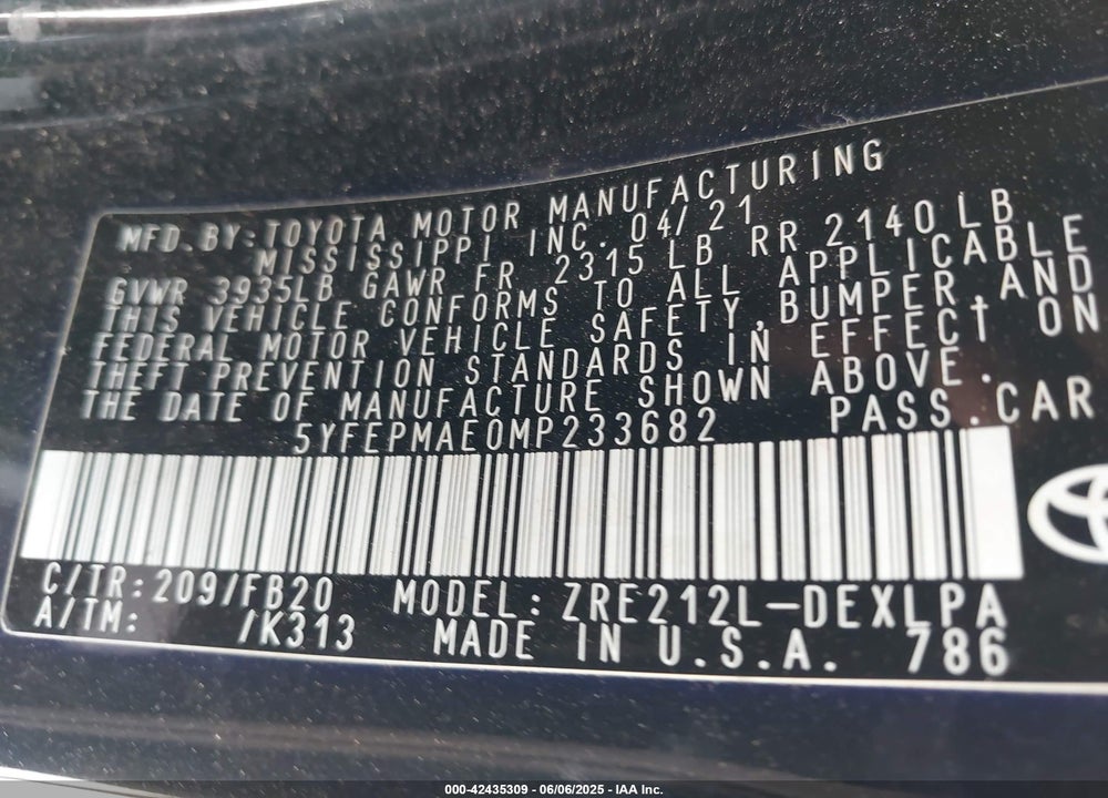 2021 TOYOTA COROLLA VIN: 5YFEPMAE0MP233682
