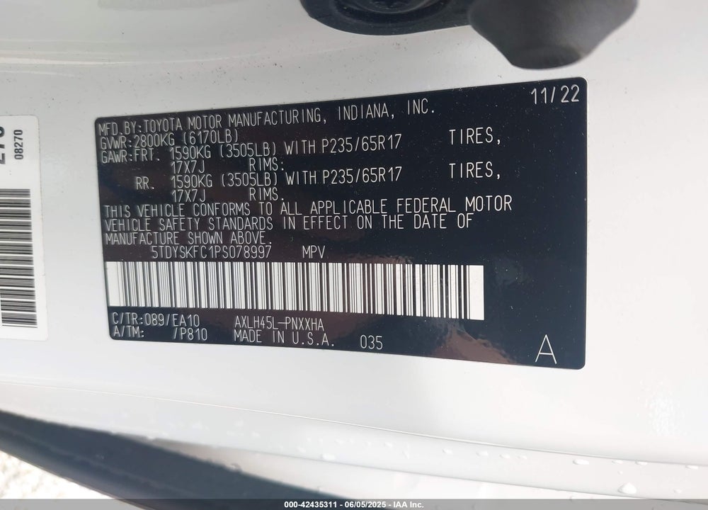 2023 TOYOTA SIENNA XLE VIN: 5TDYSKFC1PS078997