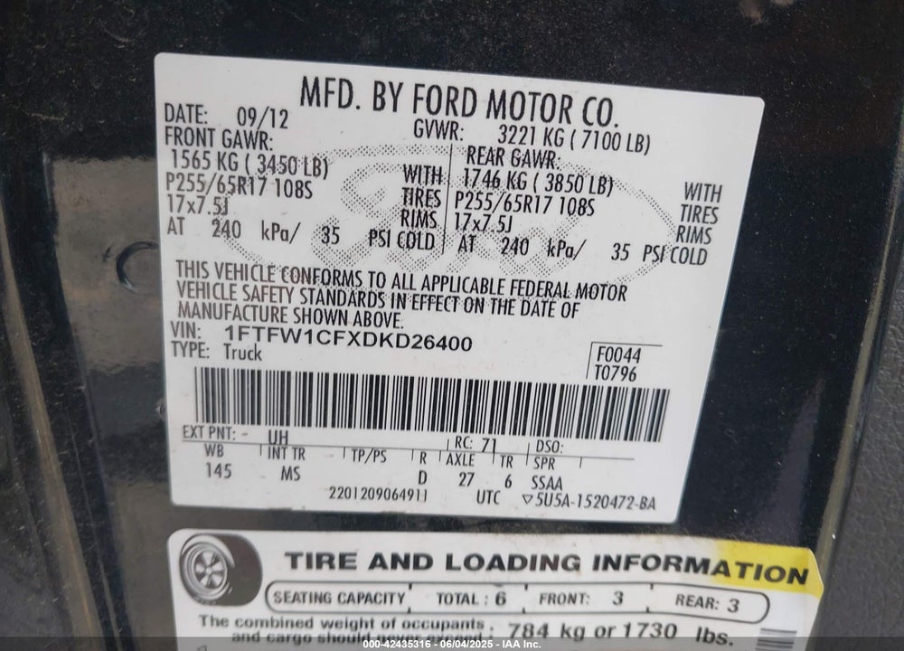 2013 FORD F-150 VIN: 1FTFW1CFXDKD26400