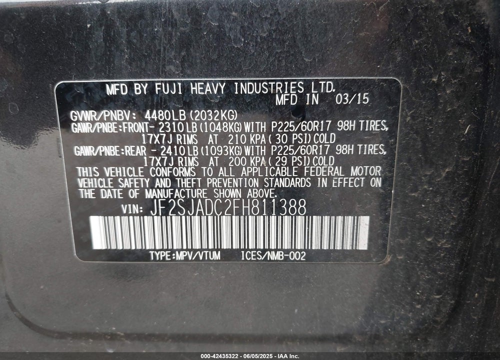 2015 SUBARU FORESTER VIN: JF2SJADC2FH811388