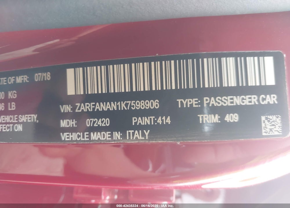 2019 ALFA ROMEO GIULIA VIN: ZARFANAN1K7598906