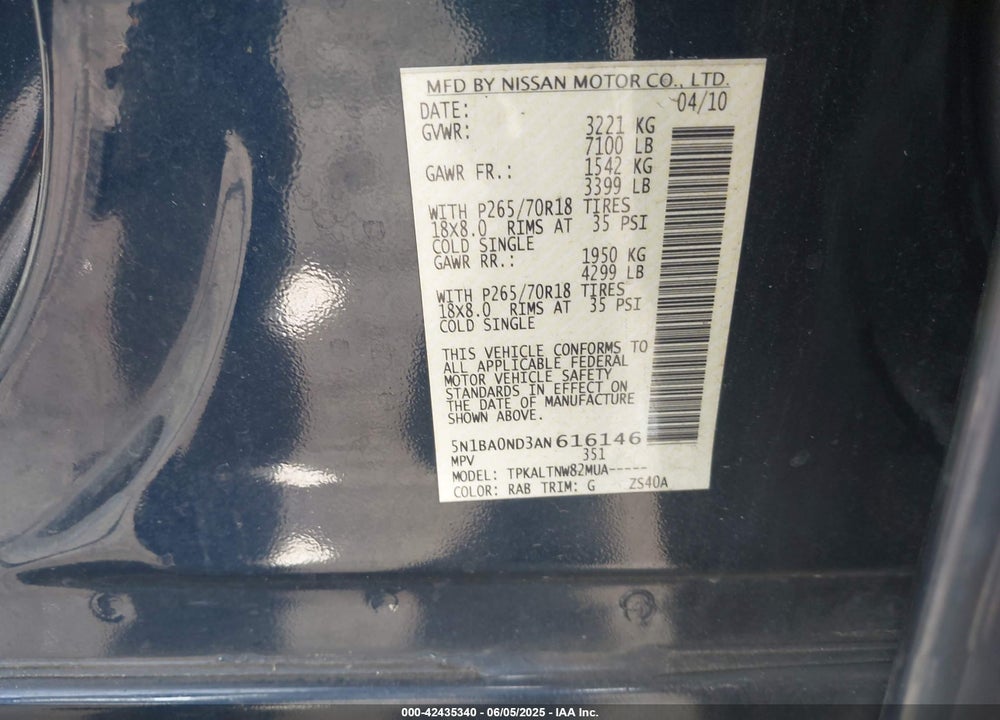 2010 NISSAN ARMADA SE VIN: 5N1BA0ND3AN616146