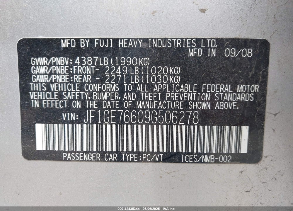 2009 SUBARU IMPREZA VIN: JF1GE76609G506278