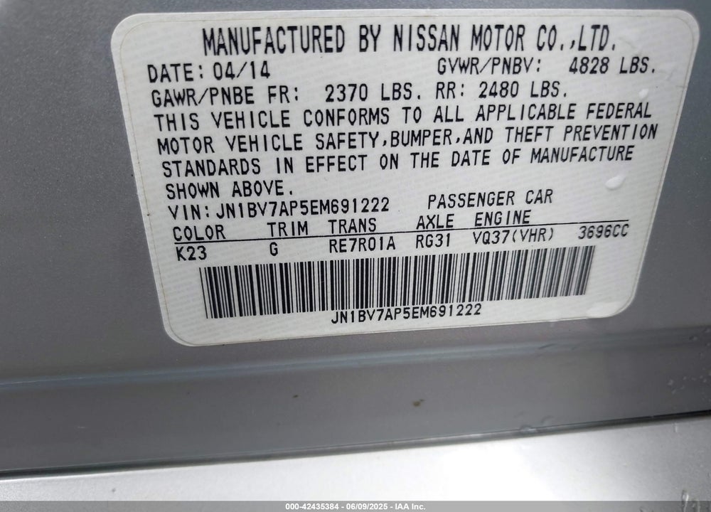 2014 INFINITI Q50 PREMIUM VIN: JN1BV7AP5EM691222