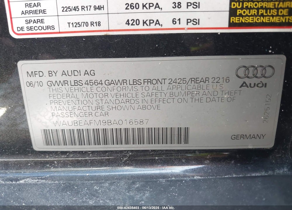 2011 AUDI A3 2.0T PREMIUM VIN: WAUBEAFM9BA016587