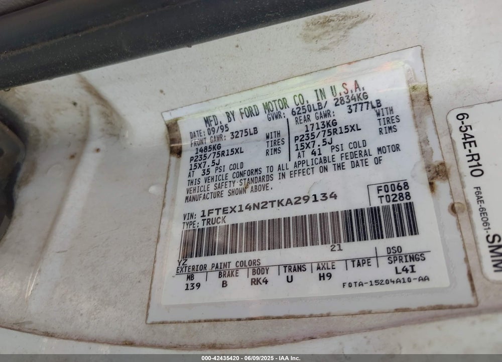 1996 FORD F150 VIN: 1FTEX14N2TKA29134