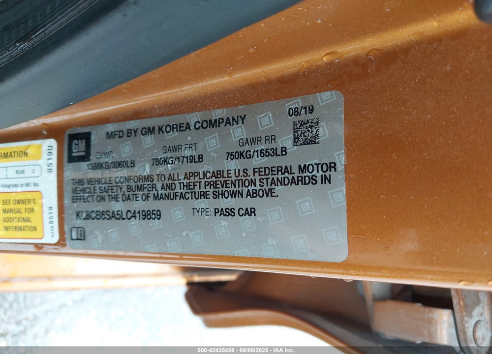 2020 CHEVROLET SPARK VIN: KL8CB6SA5LC419859