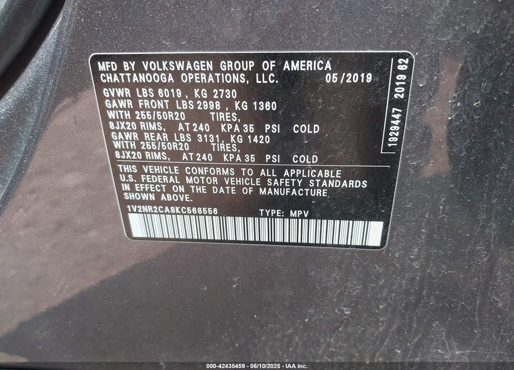 2019 VOLKSWAGEN ATLAS VIN: 1V2NR2CA8KC568556