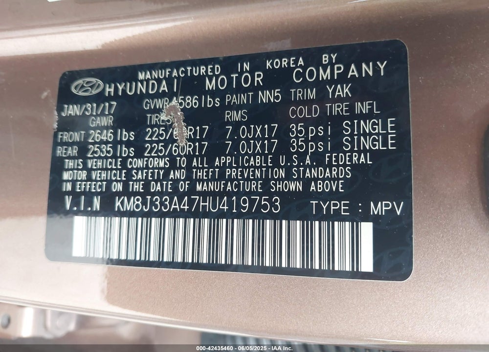 2017 HYUNDAI TUCSON VIN: KM8J33A47HU419753