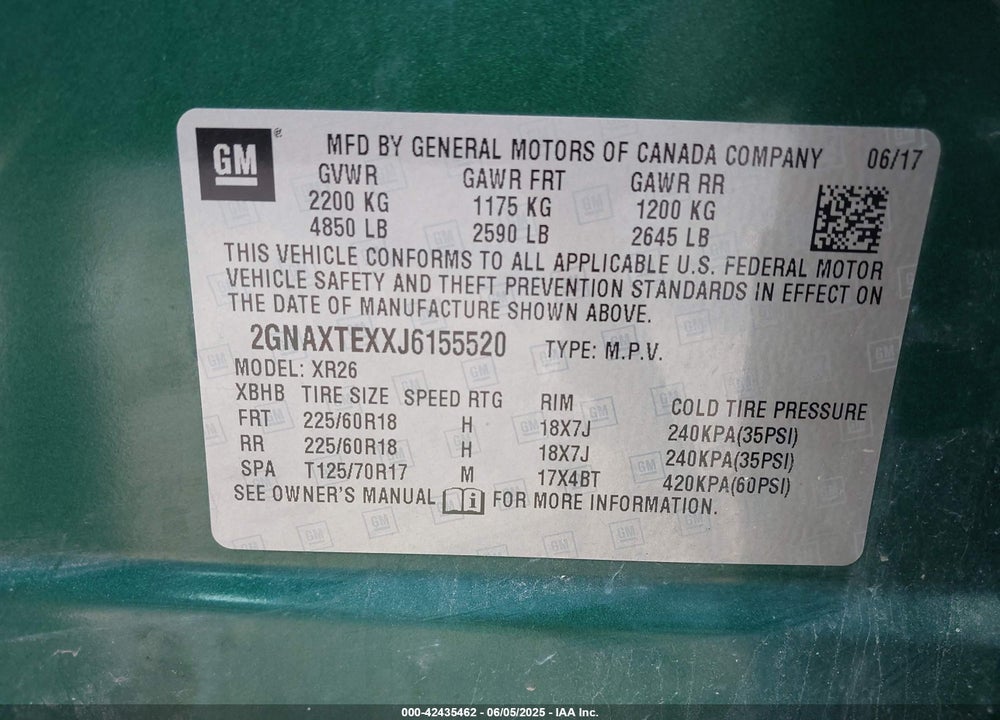2018 CHEVROLET EQUINOX VIN: 2GNAXTEXXJ6155520