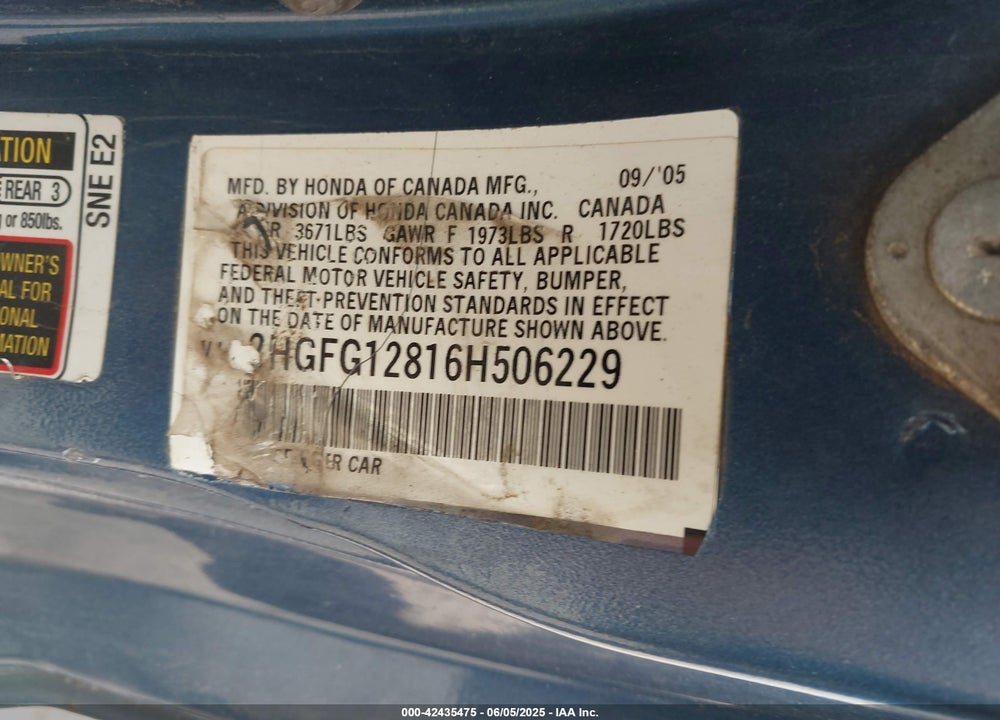 2006 HONDA CIVIC EX VIN: 2HGFG12816H506229