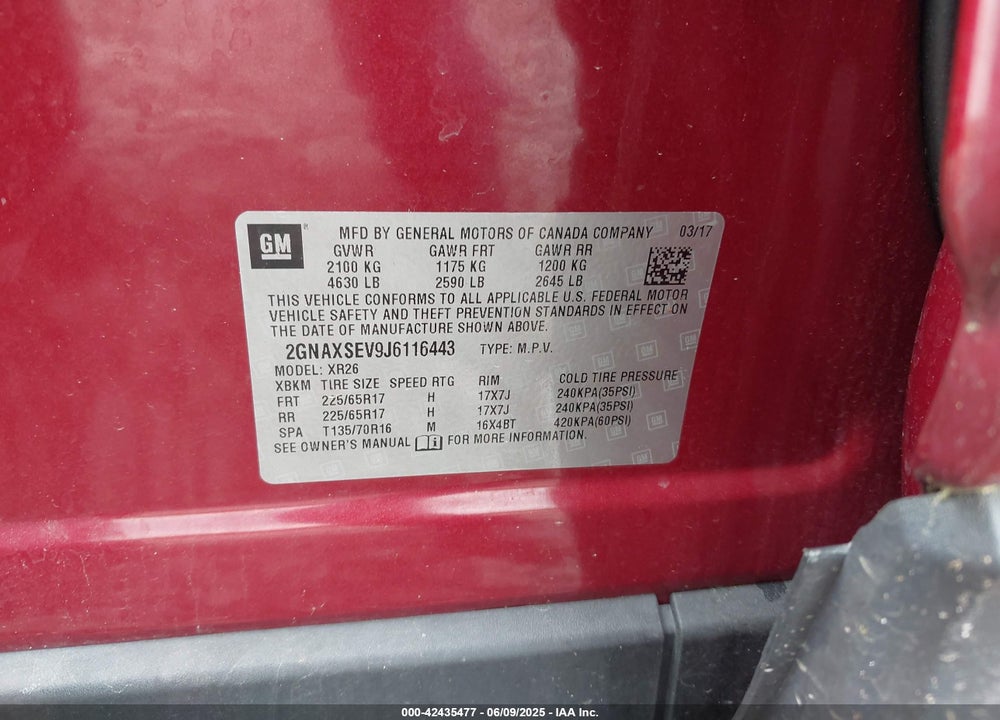 2018 CHEVROLET EQUINOX LT VIN: 2GNAXSEV9J6116443