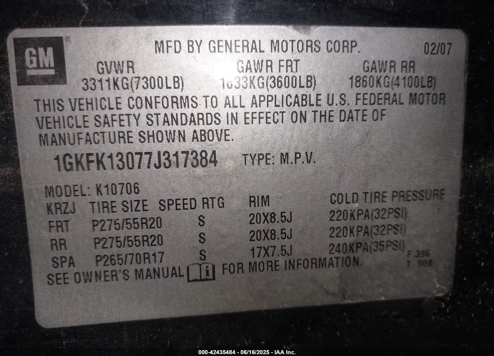 2007 GMC YUKON SLE VIN: 1GKFK13077J317384