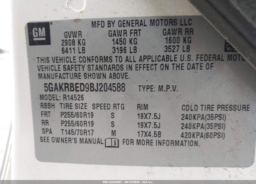2011 BUICK ENCLAVE 1XL VIN: 5GAKRBED9BJ204588