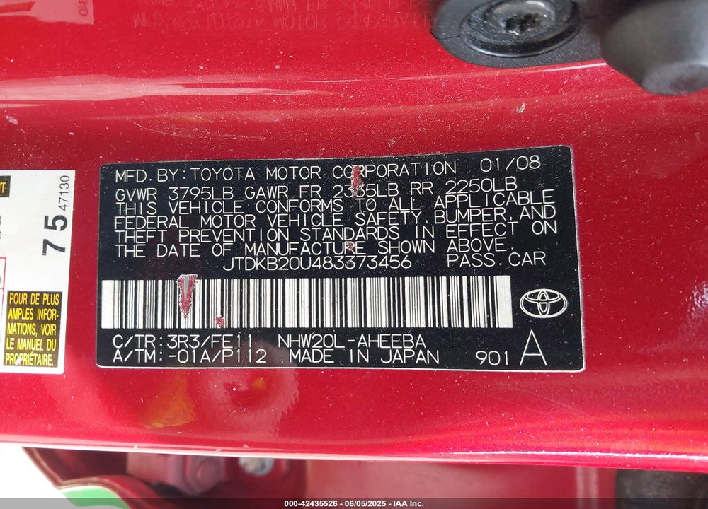 2008 TOYOTA PRIUS VIN: JTDKB20U483373456