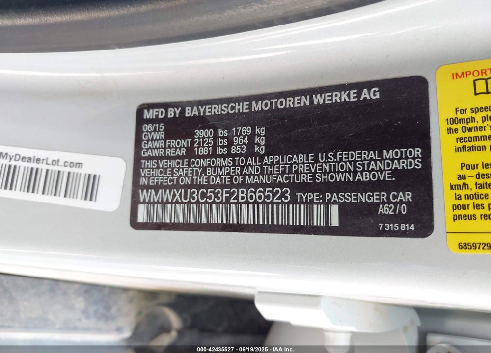 2015 MINI COOPER VIN: WMWXU3C53F2B66523