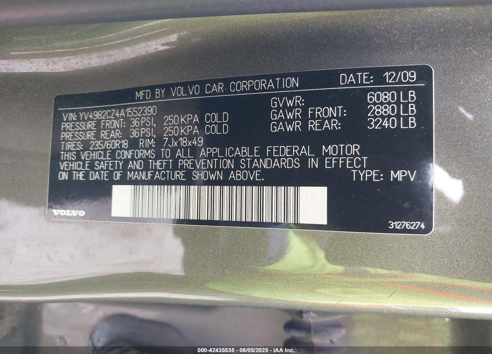 2010 VOLVO XC90 3.2 VIN: YV4982CZ4A1552390