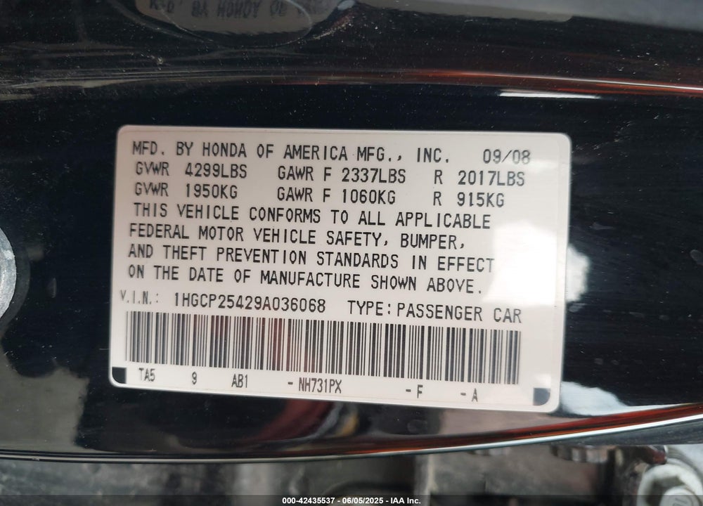 2009 HONDA ACCORD VIN: 1HGCP25429A036068