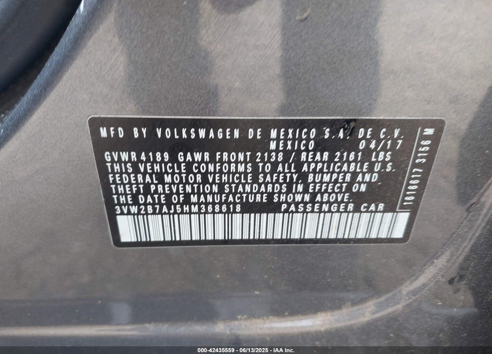 2017 VW JETTA S AUTOMATIC VIN: 3VW2B7AJ5HM368618