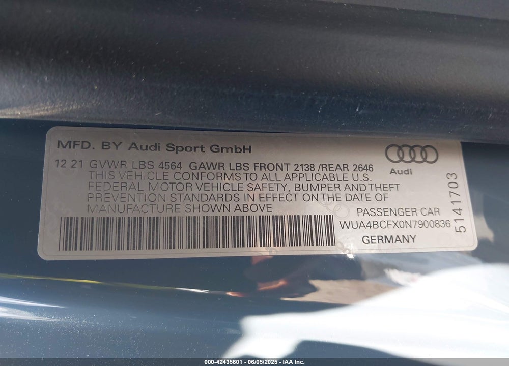 2022 AUDI R8 VIN: WUA4BCFX0N7900836