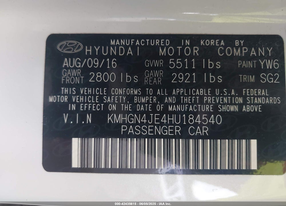 2017 GENESIS G80 VIN: KMHGN4JE4HU184540