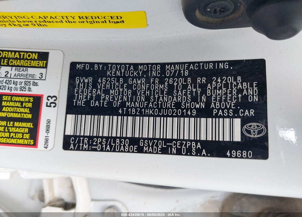 2018 TOYOTA CAMRY VIN: 4T1BZ1HK0JU020149