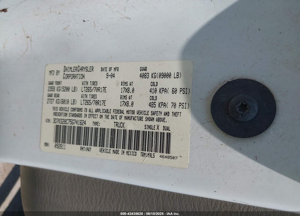 2005 DODGE RAM 2500 SLT/LARAMIE VIN: 3D7KS28C75G741624