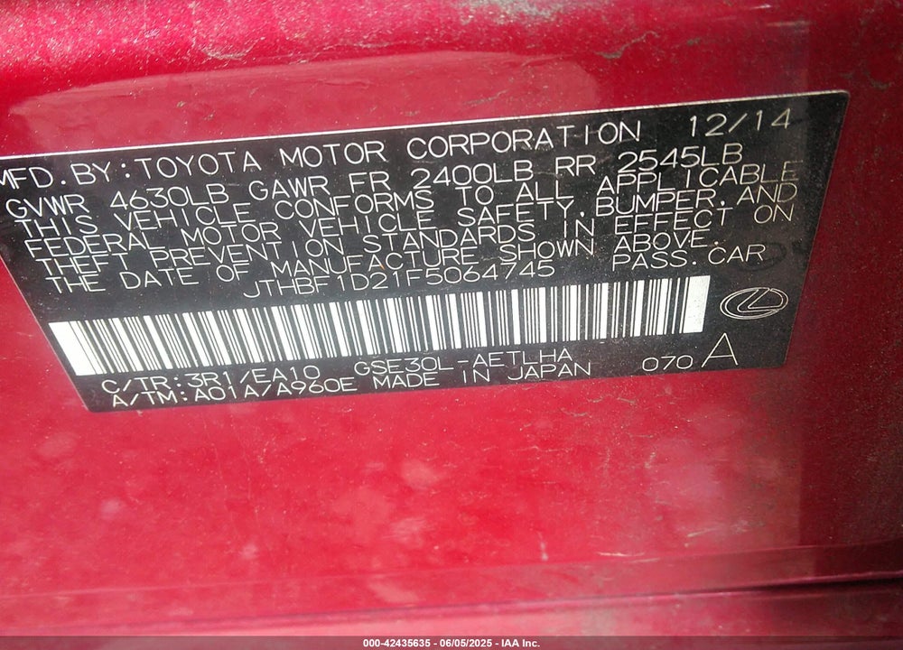 2015 LEXUS IS250 VIN: JTHBF1D21F5064745