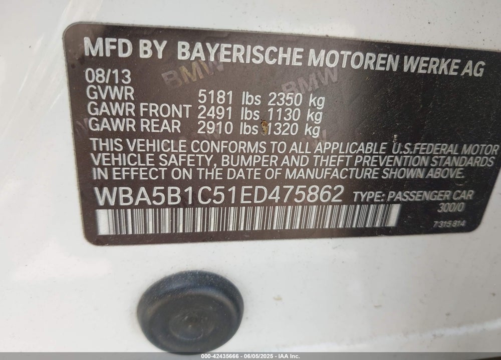 2014 BMW 5 SERIES VIN: WBA5B1C51ED475862