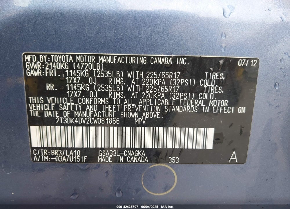 2012 TOYOTA RAV4 LIMITED V6 VIN: 2T3DK4DV2CW081866