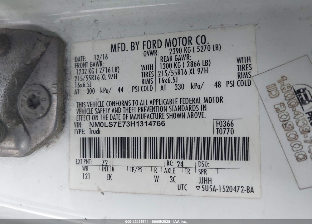 2017 FORD TRANSIT CONNECT XL VIN: NM0LS7E73H1314766