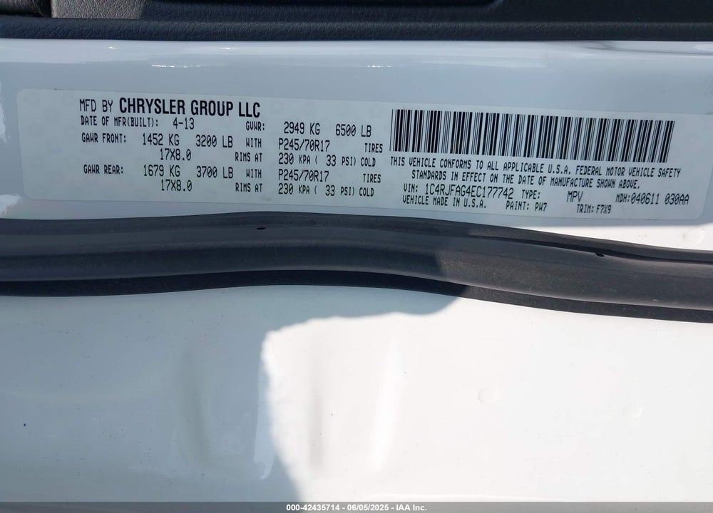 2014 JEEP GRAND CHEROKEE VIN: 1C4RJFAG4EC177742