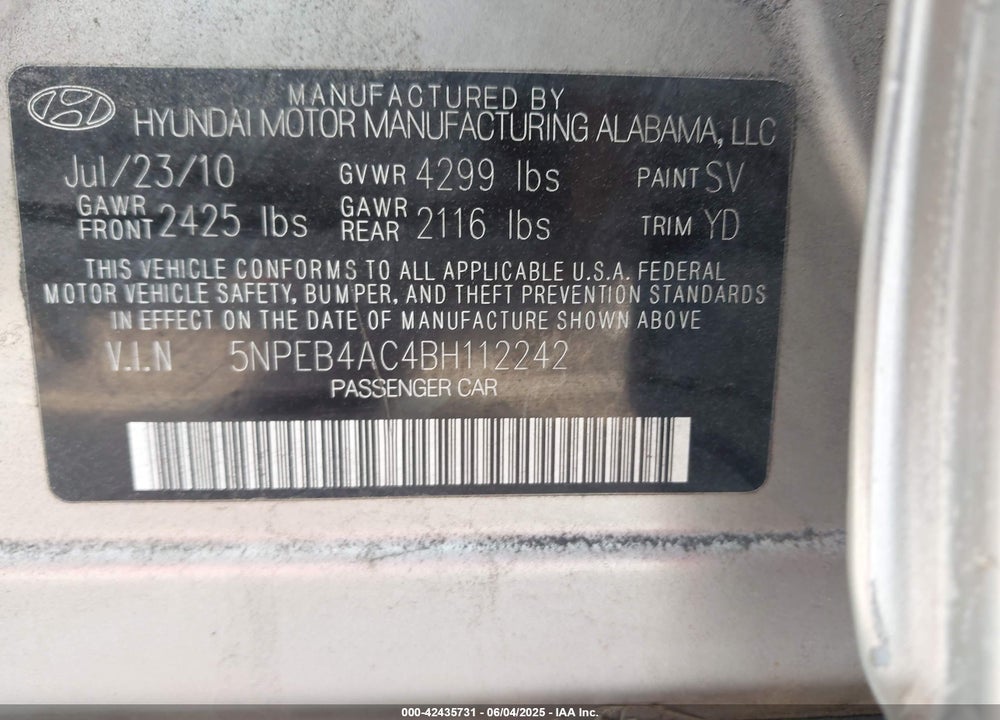 2011 HYUNDAI SONATA GLS VIN: 5NPEB4AC4BH112242