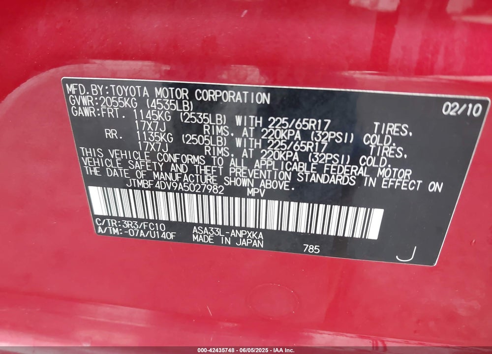 2010 TOYOTA RAV4 VIN: JTMBF4DV9A5027982