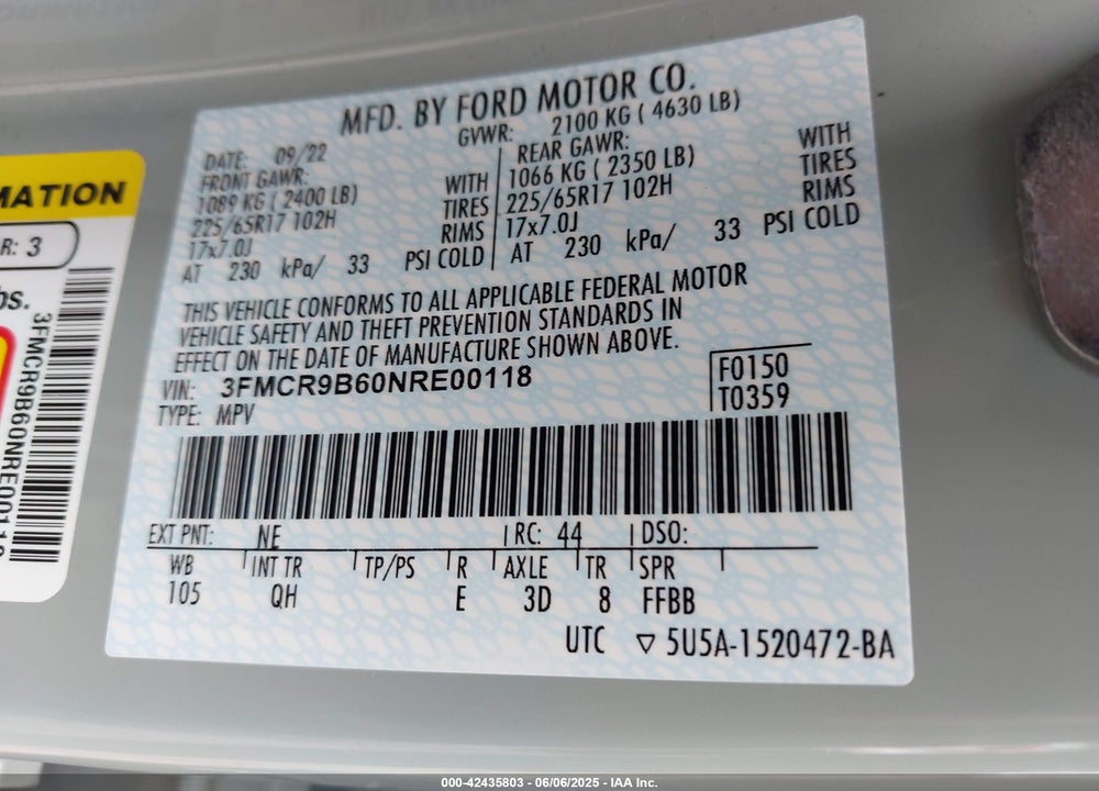 2022 FORD BRONCO SPORT VIN: 3FMCR9B60NRE00118