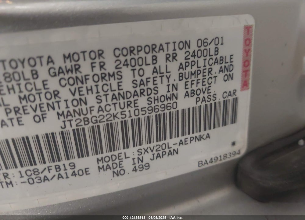 2001 TOYOTA CAMRY LE VIN: JT2BG22K510596960