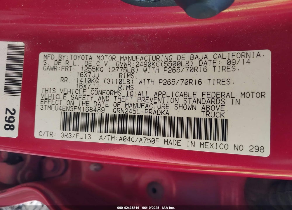 2015 TOYOTA TACOMA BASE V6 VIN: 3TMLU4EN3FM168489