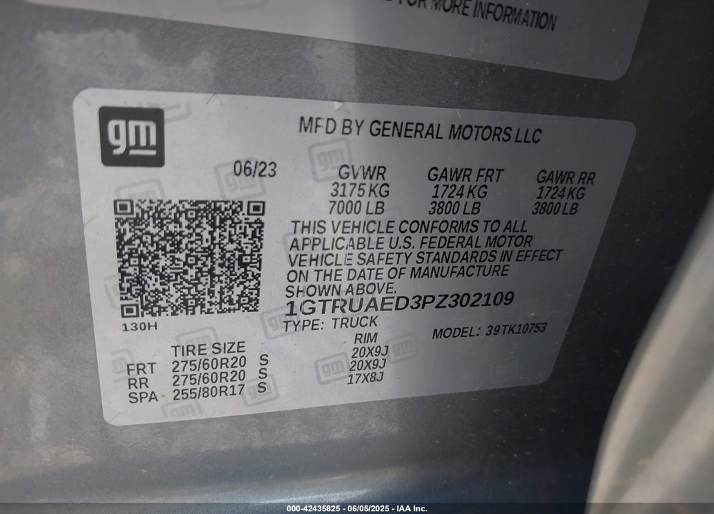 2023 GMC SIERRA 1500 VIN: 1GTRUAED3PZ302109