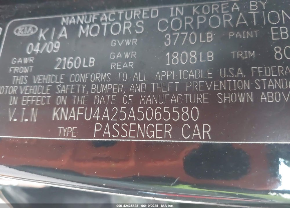 2010 KIA FORTE VIN: KNAFU4A25A5065580