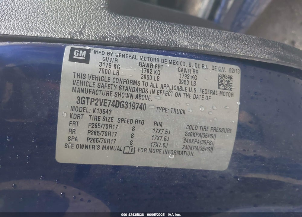 2013 GMC SIERRA 1500 VIN: 3GTP2VE74DG319740