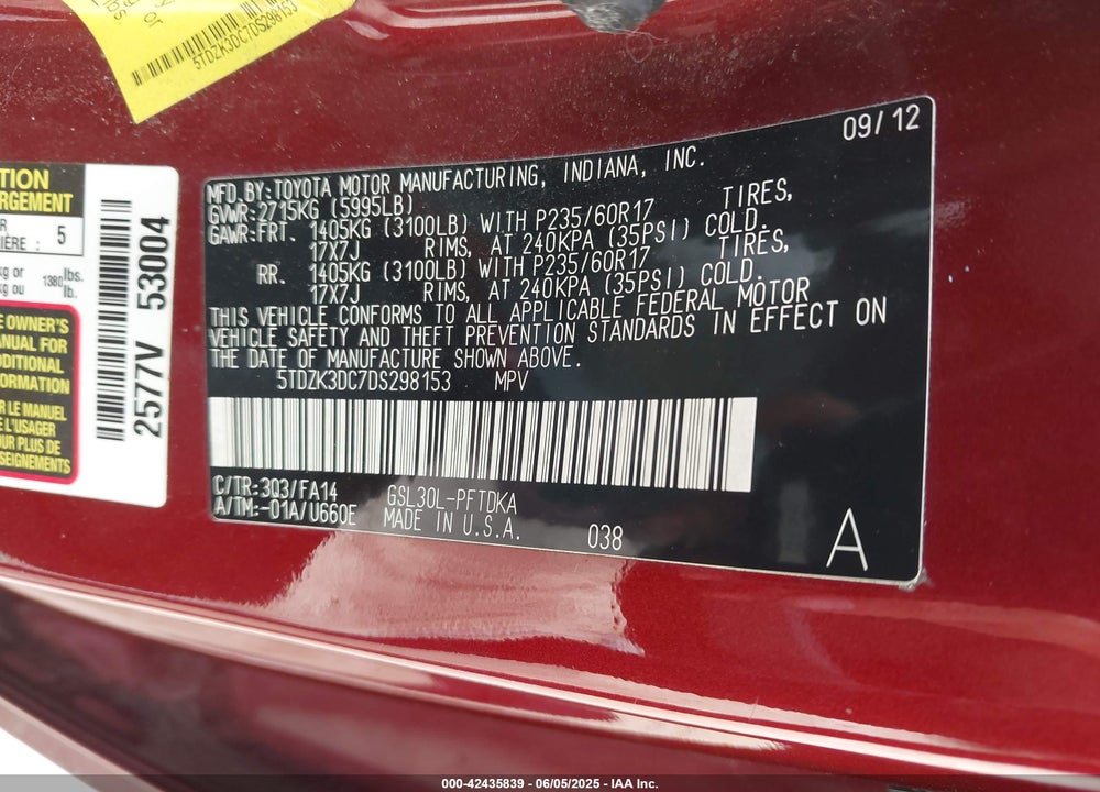 2013 TOYOTA SIENNA L V6 7 PASSENGER VIN: 5TDZK3DC7DS298153